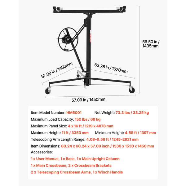 Gipspladeløfter 3353 mm Heavy-Duty 68 kg 1530x1530x1450 mm Sort Stål