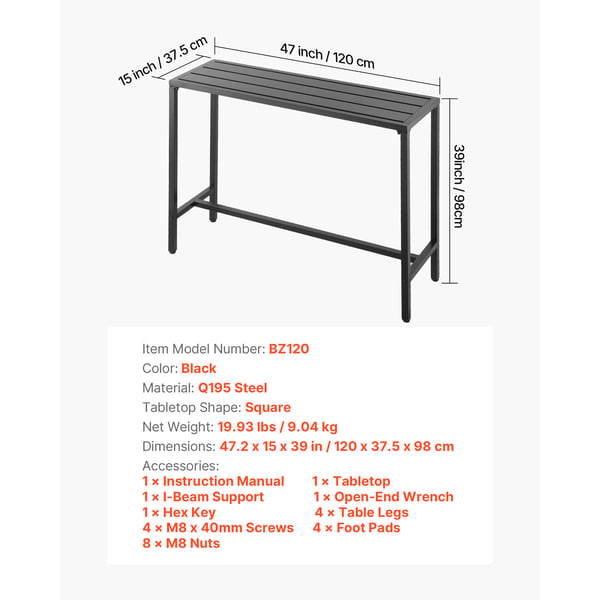 Barbord, 120x37,5x98 cm, Sort, Metal