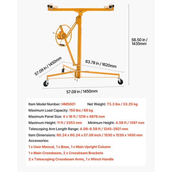 Kipsilevynostin 3353 mm, raskas käyttö, 68 kg, säädettävä teleskooppivarsi, keltainen