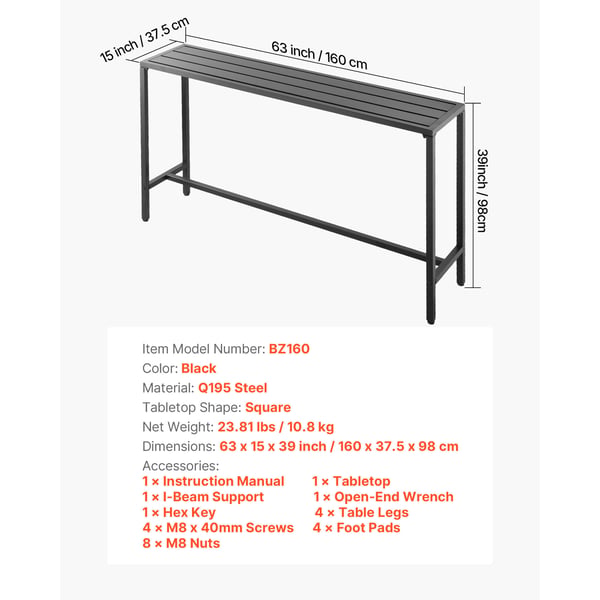 Barbord, 160x37,5x98 cm, Svart, Metallram