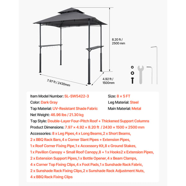 Grillpavillon, 243x150 cm, mørkegrå, stål, udendørs ly