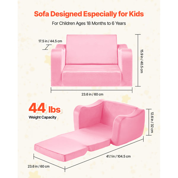 Barnsoffa, Fällbar konvertibel småbarnssoffa med armstöd, 60x44,5x40,5 cm, Rosa, Mjukt tyg