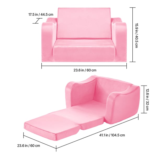 Barnsoffa, Fällbar konvertibel småbarnssoffa med armstöd, 60x44,5x40,5 cm, Rosa, Mjukt tyg