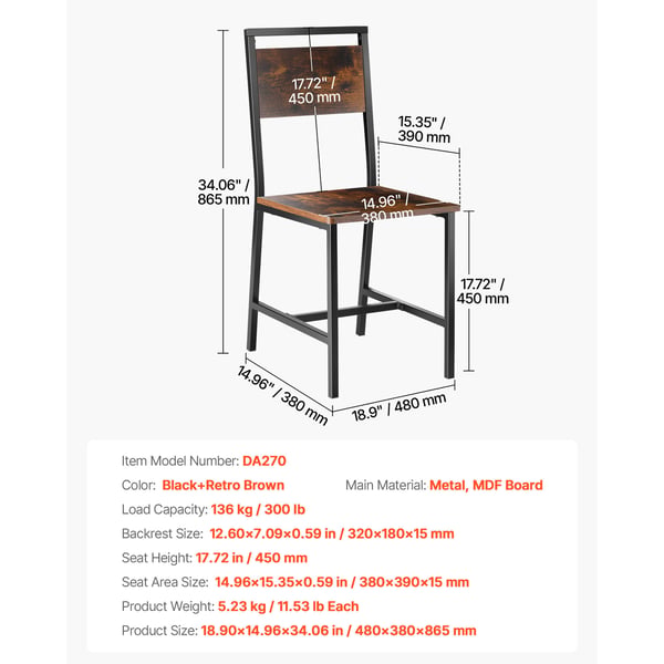 Matstolar set om 2, 48x38x86,5 cm, brun och svart, metallram