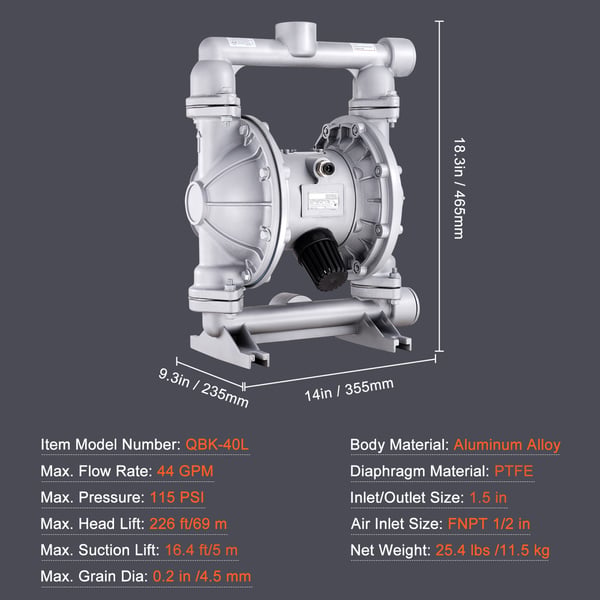 Dobbelt membranpumpe, 44GPM 3.8cm indløb/udløb aluminiumlegering, pneumatisk