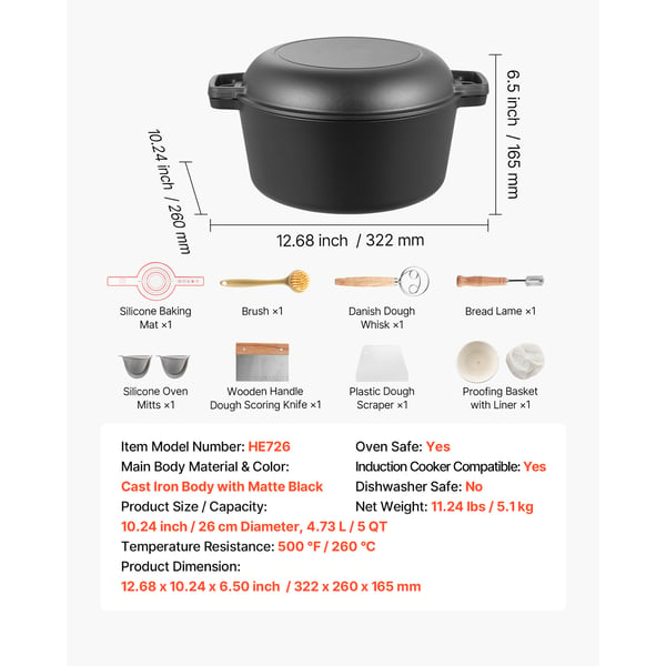 Dutch Oven, 2-in-1 valurautapata paistinpannukannella, 32,2x26x16,5 cm, leivontatarvikkeet