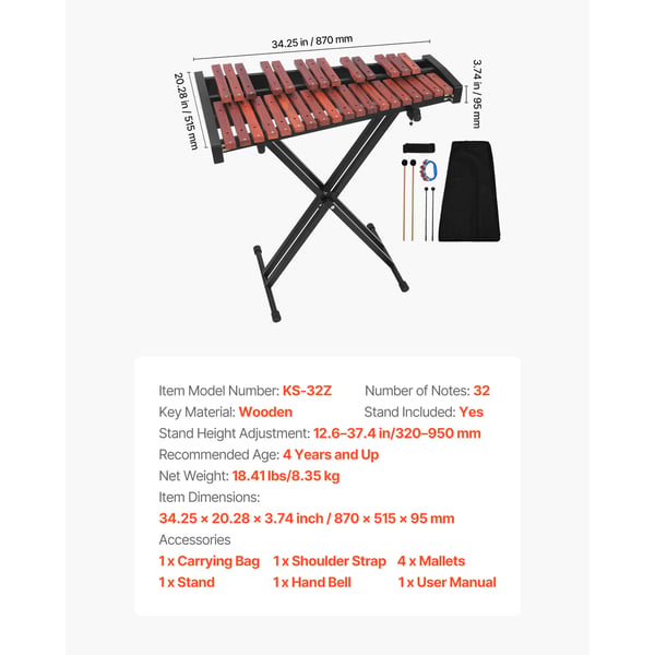 Glockenspiel xylofon, 32 toner, 32x95 cm, brun, træslaginstrument