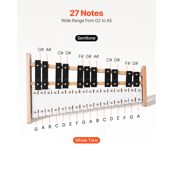 Glockenspiel xylofon, 27 toner, metalnøgler, 4 køller, bæretaske, sort & hvid