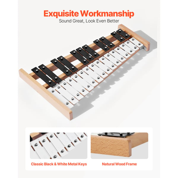 Glockenspiel xylofon, 27 toner, metalnøgler, 4 køller, bæretaske, sort & hvid