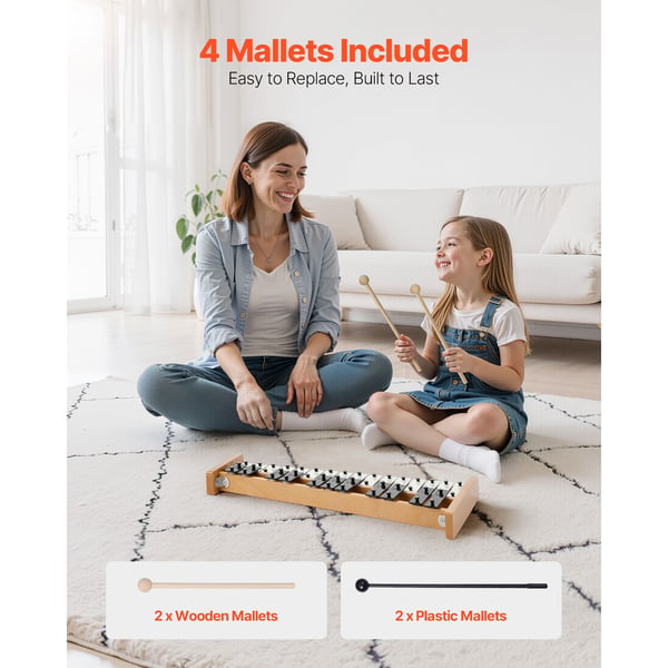 Glockenspiel xylofon, 27 toner, metalnøgler, 4 køller, bæretaske, sort & hvid