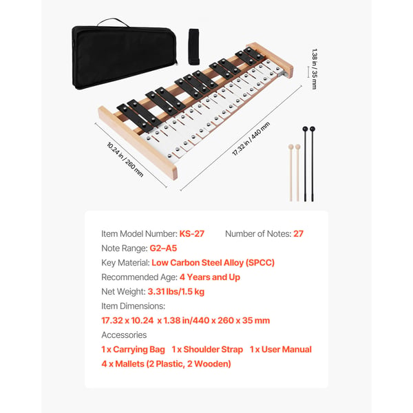 Glockenspiel xylofon, 27 toner, metalnøgler, 4 køller, bæretaske, sort & hvid