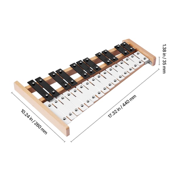 Glockenspiel xylofon, 27 toner, metalnøgler, 4 køller, bæretaske, sort & hvid
