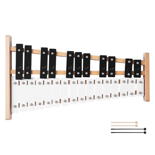 Glockenspiel xylofon, 27 toner, metalnøgler, 4 køller, bæretaske, sort & hvid