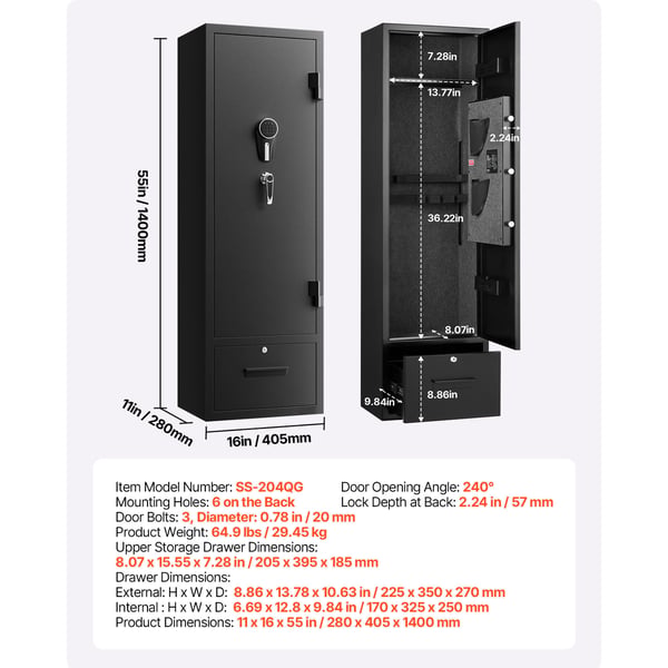Asekaappi, 4 aseen kaappi kivääreille ja pistooleille, 28x40,5x140 cm, teräs