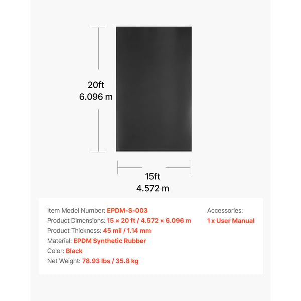 Rulltak, 457.2x609.6 cm, Svart, EPDM-gummi