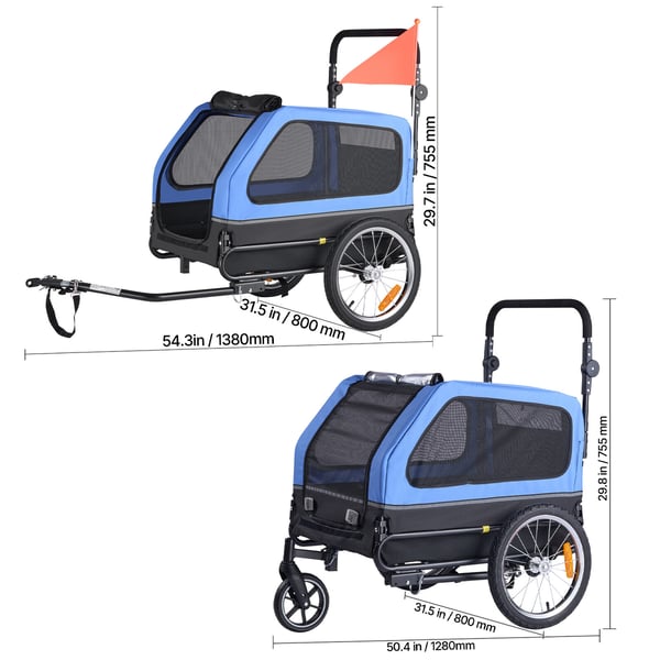 Hundcykelvagn 138x75,5x80 cm, 2-i-1 djurvagn, fällbar stål