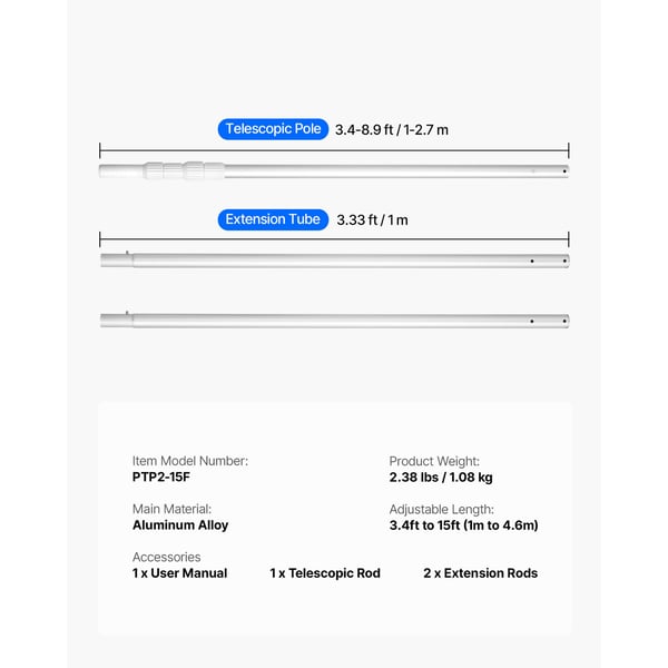Poolstång, teleskopisk 1–4,6 m, justerbar aluminium, rengöringsverktyg
