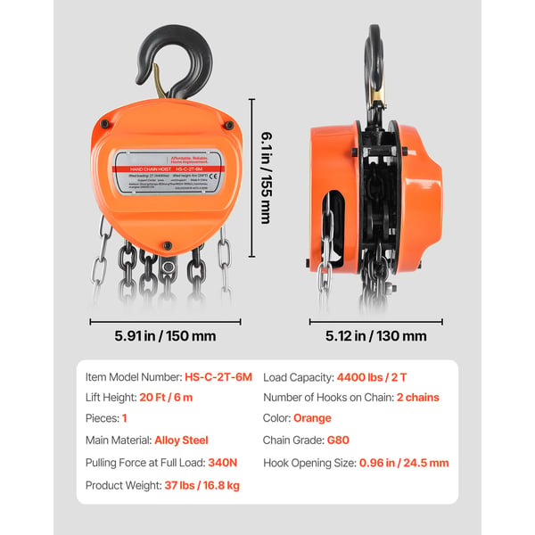 Handkedjelyft, 2 tons kapacitet, 6 m lyfthöjd, orange, legerat stål