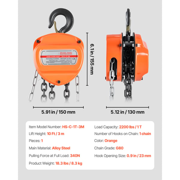 Handkedjelyft, 3 m, Orange, Legerat stål