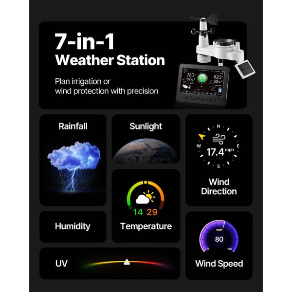 Väderstation, 7-i-1 Wi-Fi väderstation, 361x351x489 mm, solcellsdriven