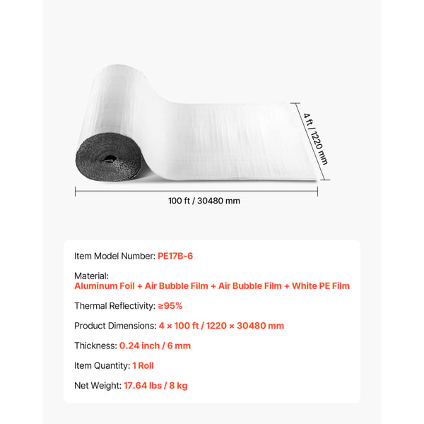 Reflekterande isoleringsrulle, 30.48x1.22 m, aluminiumfolie, vit, termisk isolering