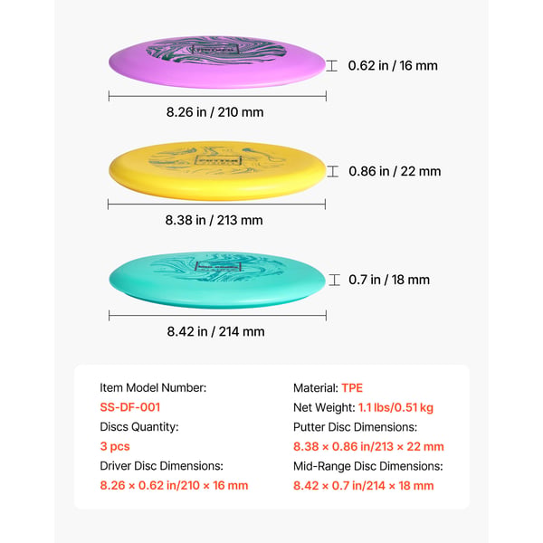 Frisbeegolfsetti, 3 kiekkoa, 21x1,6 cm, ulkokäyttöön, TPE-materiaali
