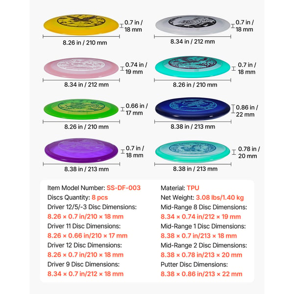 Disc Golf Sæt 8 Pak, 21.3x2.2 cm, TPU Materiale