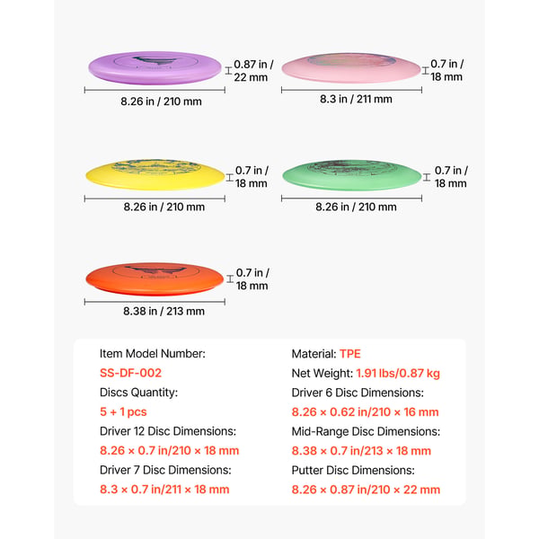 Frisbeegolf-setti, 5+1 osaa aloittelijoille, 21,3x2,2 cm, TPE-materiaali