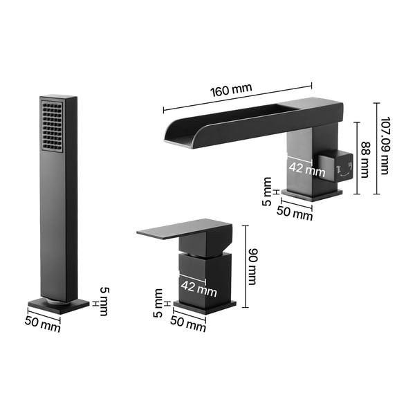 Badkarsblandare, 3-håls vattenfall med duschhuvud, 24,4x7,1x16 cm, svart, rostfritt stål