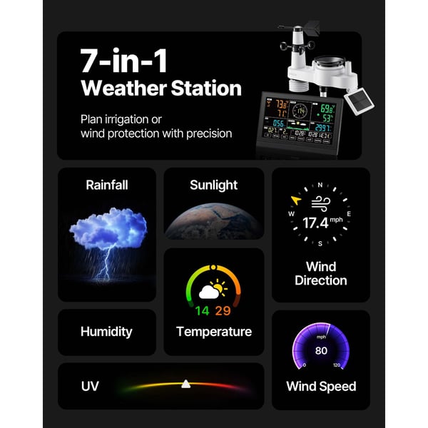 Väderstation, 7-i-1 Wi-Fi med app, 19x7,5 cm display, solcellsdriven