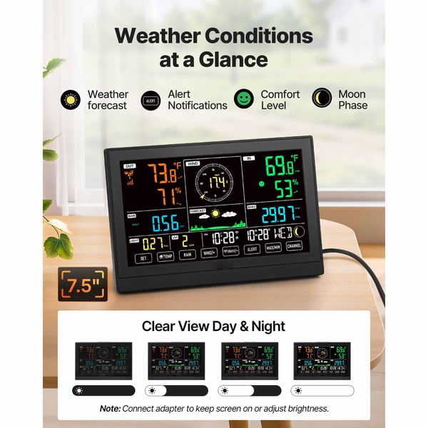 Väderstation, 7-i-1 Wi-Fi med app, 19x7,5 cm display, solcellsdriven