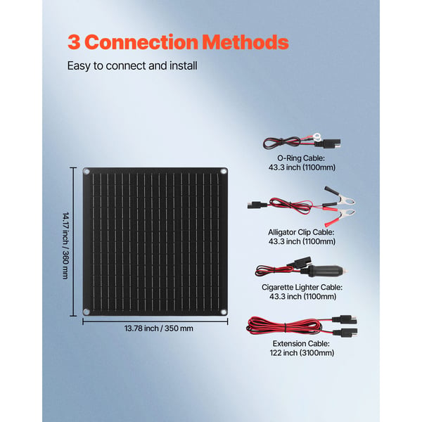 Solcellepanel batterioplader, 20W 12V, 36x35x2.5 cm, Sort, vandtæt