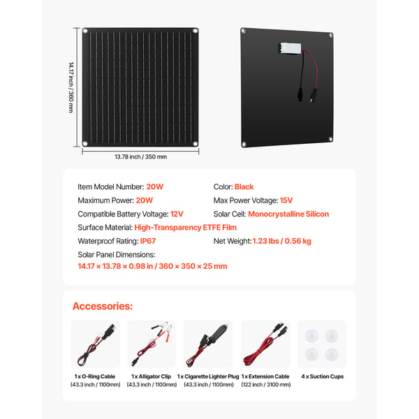 Solcellepanel batterioplader, 20W 12V, 36x35x2.5 cm, Sort, vandtæt