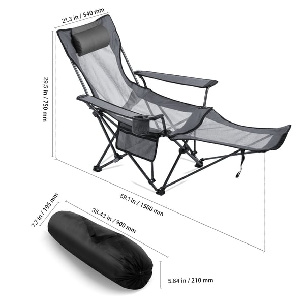 Fällbar campingstol med lutningsfunktion, 133/166x55x40 cm, grå, hopfällbar
