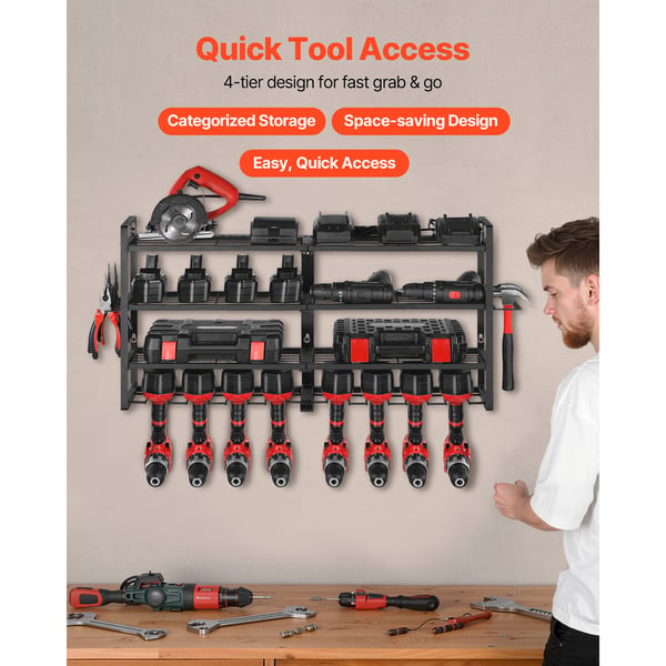 Power Tool Organizer, 4-lags vægmonteret reol 92,9x20x42 cm, Sort, Stål