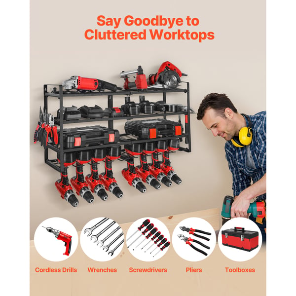 Power Tool Organizer, 4-lags vægmonteret reol 92,9x20x42 cm, Sort, Stål