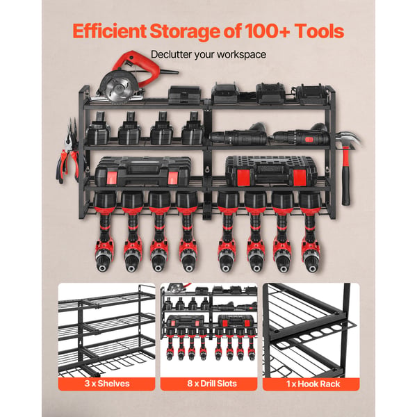 Power Tool Organizer, 4-lags vægmonteret reol 92,9x20x42 cm, Sort, Stål