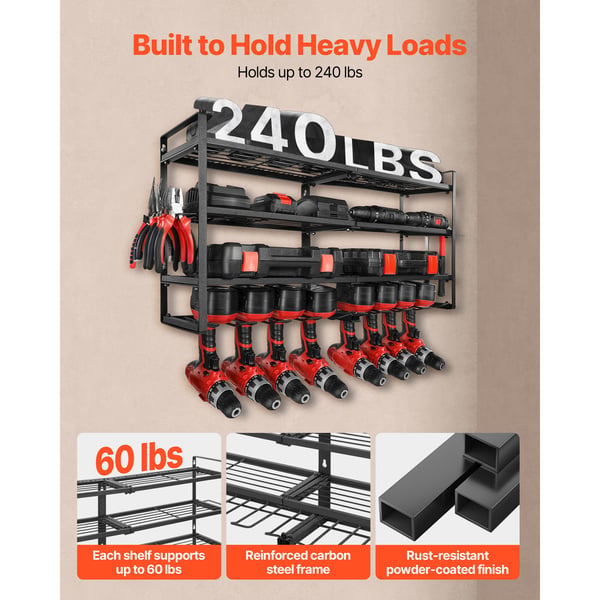 Power Tool Organizer, 4-lags vægmonteret reol 92,9x20x42 cm, Sort, Stål