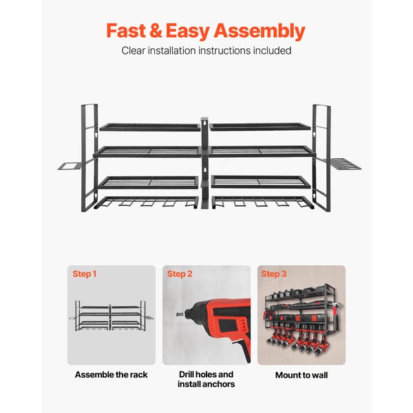 Power Tool Organizer, 4-lags vægmonteret reol 92,9x20x42 cm, Sort, Stål