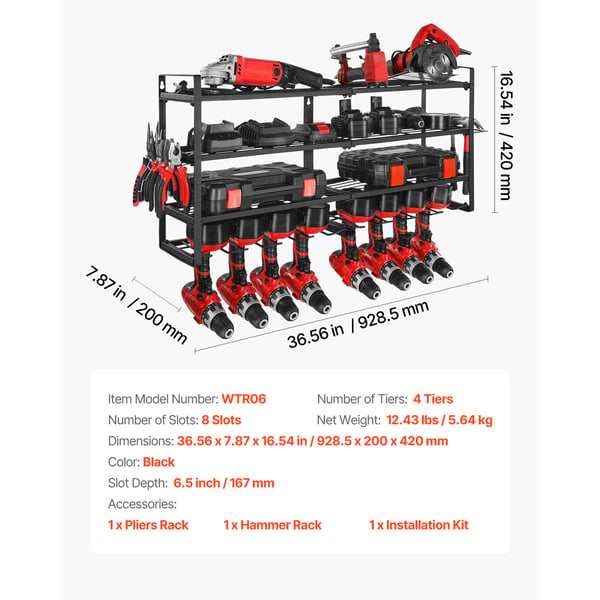 Power Tool Organizer, 4-lags vægmonteret reol 92,9x20x42 cm, Sort, Stål
