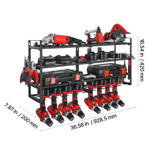 Power Tool Organizer, 4-lags vægmonteret reol 92,9x20x42 cm, Sort, Stål