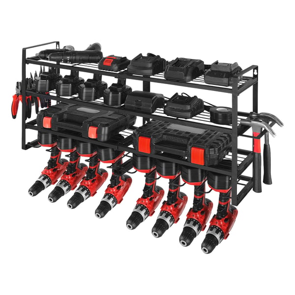 Power Tool Organizer, 4-lags vægmonteret reol 92,9x20x42 cm, Sort, Stål