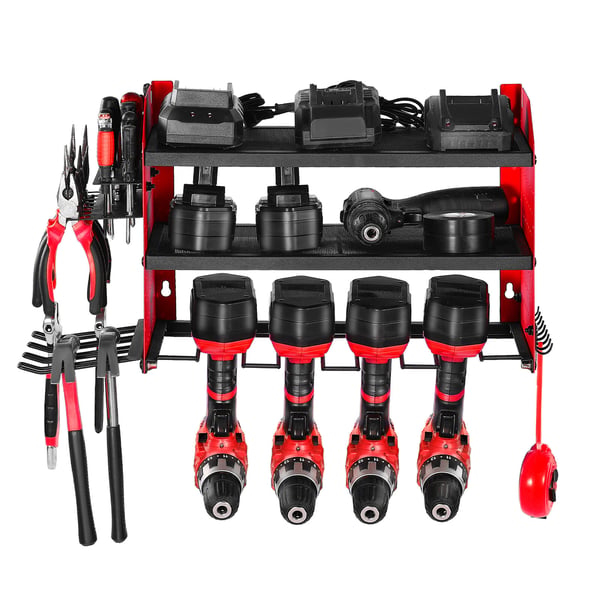 Sähkötyökalujen järjestäjä, 3-tasoinen seinäkiinnitettävä teline, 59,2x22x30,5 cm, punainen, teräs