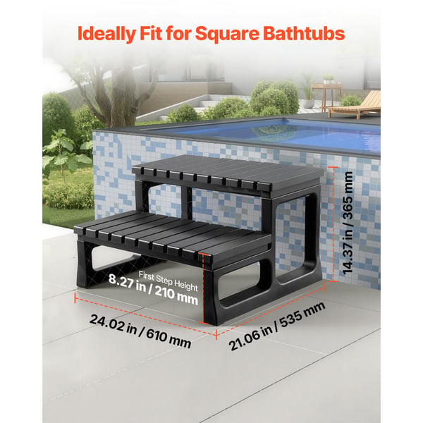 Spatrin, 2-trins udendørs spa-trappe 61x53,5x36,5 cm, Sort, PP
