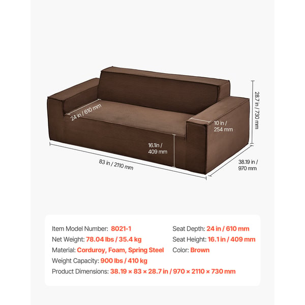 Soffa, 2110 mm Modern Manchestersoffa, 97x211x73 cm, Brun