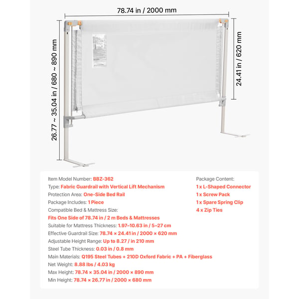 Sängräcke, Justerbart skyddsräcke för småbarn 200x89 cm Grå, Stål, Tyg