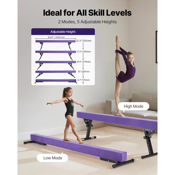 Gymnastik Balancebom, 245x43x18 cm, Lilla, Justerbar Højde