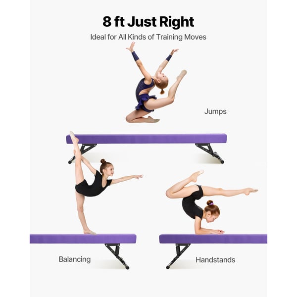 Gymnastik Balancebom, 245x43x18 cm, Lilla, Justerbar Højde