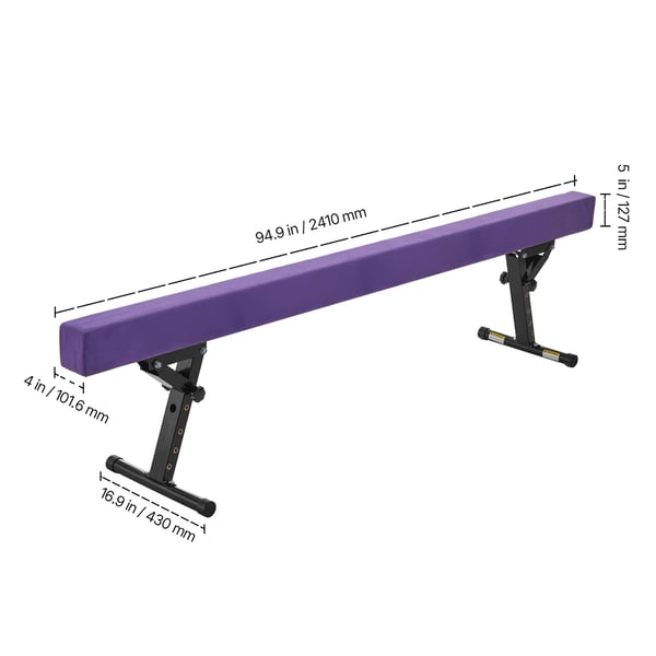 Gymnastik Balancebom, 245x43x18 cm, Lilla, Justerbar Højde