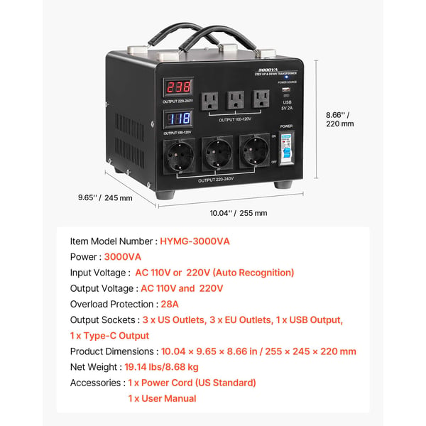 Jännitemuunnin muuntaja, 3000VA, raskaan käytön ylös/alas-muunnos, LCD-näyttö